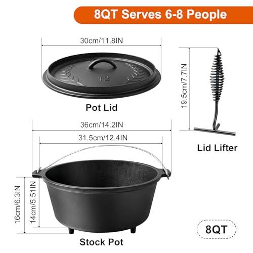 Blingco Pre-Seasoned Cast Iron 8QT Camp Dutch Oven with Lid, Large Camping Dutch Oven Pot, incl. Lid Lifter - Dual Handles - for Outdoor Campfire, Grill, Oven & Stovetop Cooking-Black - Image 2