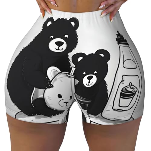 Cute Milk Bottle Bear Pattern Sports Shorts, high Elastic Slim Fitness Pants, Suitable for Yoga/Leisure/Daily wear