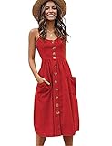 Halife Red Dresses for Women Casual Summer Spaghetti Strap Empire Waist Button Up A Line Dress M