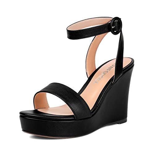 SHOWFOREST Womens Ankle Strap Solid Party Sexy Open Toe Matte Round Toe Buckle Wedge High Heel Heeled Sandals 4 Inch