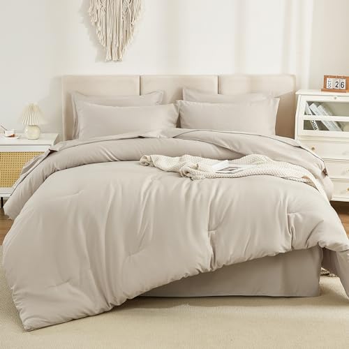 Litanika Comforter California King Size Set Tannish Grey - 7 Pieces Bed in a Bag California King Bedding Comforter Sets, Plain Lightweight Bed Set with Comforter, Sheets, Pillowcases & Shams