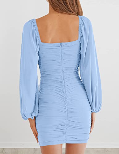 Image of MEROKEETY Women Square Neck Lantern Long Sleeve Mesh Ruched Bodycon Clubwear Mini Dress
