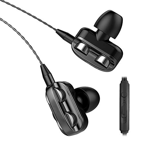 In-Ear Headphones, Noise Isolating Earphones Heavy Bass Stereo Hi-Fi Sound Dual Drivers 4 Units Wired Earphones Sports Headphones Headsets, with Soft and Comfortable Earplugs Black
