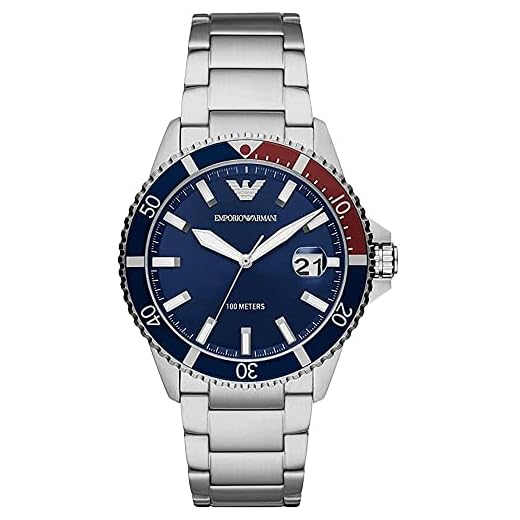 Emporio Armani Reloj Hombre, Movimiento de tres manecillas con fecha, caja plateada de acero inoxidable de 42mm con correa de acero inoxidable, AR11339, Tono plateado y azul oscuro