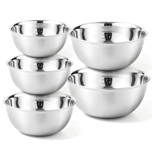 Lot de 5 Cul de Poule Inox, Bols Mélangeurs en Acier Inoxydable, Saladiers En Acier Inoxydable 0.7/1.3/2.1/2.5/3L, Empilables Bol Inox Cuisine, Bol de Service Lave-vaisselle pour Cuisson Pâtisserie