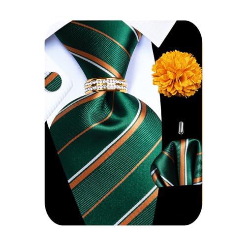 Image of 5PCS Mens Premium Silk Tie, Pocket Square, Cufflinks, Drilled Tie Ring and Lapel Pin Set for Wedding Groom Party