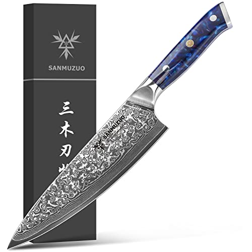 Sanmuzuo Cuchillo De Cocinero Profesional, 20cm - Serie Xuan - Cuchillo De Cocina De Acero De Damasco Con Mango De Resina Azul Zafir Sanmuzuo Cuchillo De Cocinero Profesional, 20cm - Serie Xuan - Cuchillo De Cocina De Acero De Damasco Con Mango De Resina Azul Zafir