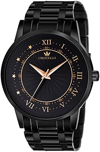 CRESTELLO BK007-CPBLK Black Dial and Band Metal Chain Analog Stainless Steel Wrist Watch for Men