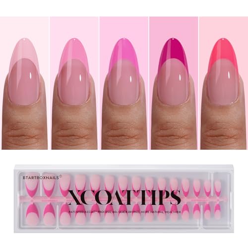 BTArtboxnails XCOATTIPS Pink French Tip Press On Nails - Almond Press On Nails Medium, Soft Gel Nail Tips, Soak Off Pink Acrylic Fake Nail Extension in 15 Sizes