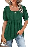 Zwurew Pleated Tops for Women Summer Puff Short Sleeve Scoop Neck Peplum Shirts Tendy Flowy Flare Tunic Bouse Green XL