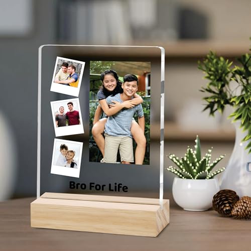 Image of Giftplease Customized Photo And Text Frame With Wooden Stand | Personalised Printed Photo Frame | Gift For Brother | Birthday | (Transparent, 5MM, 6 * 8 Inches), Tabletop BG 08