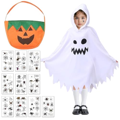 FFTANXS Deguisement Fantome Enfant avec Capuche,Costume Fantome Enfant avec Sac de Bonbons et Autocollants Tatouage,pour Halloween, Carnaval,Fête à Thème Cosplay(Blanc)