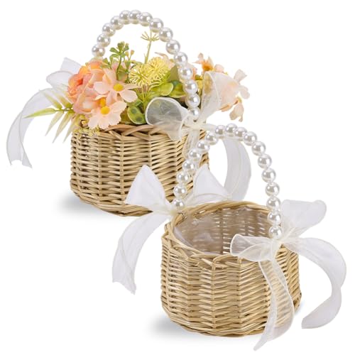 AHANDMAKER 2Pcs Wicker Rattan Flower Baskets Small Wedding Decoration with Handles Mini Rustic Basket Set for Wedding Bridal Shower Picnic Home Decor,5.3x7.2in, Beige