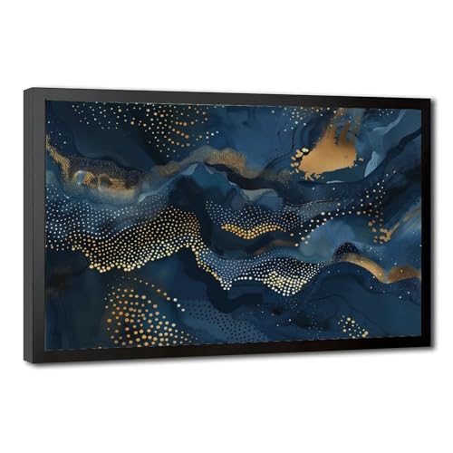 Navy Blue Wave Abstract Canvas Wall Art with Gold Accents,