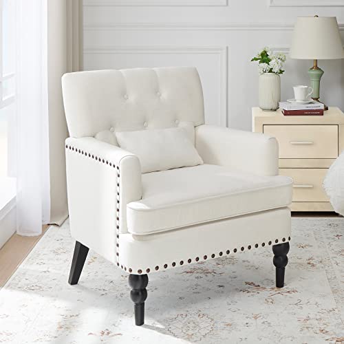 Accent Chair, Arm Chair，Living Room Upholstered Chair, Tufted Upholstered Sofa Club Chair For Bedroom, Comfy Reading Chair For Reception Room (White) #TOP23