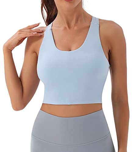 Workout Tops For Women Criss-Cross Back Padded Sports Bras For Women Medium Support Womens Crop Tops Light Blue #TOP1