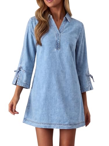 Womens Denim Shirt Dress Collared V Neck Bell Long Sleeve Mini Casual A-line Jean Dresses with Bow