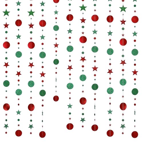 4pcs Christmas Tree Bunting Streamers,Red & Green Glitter Circle Dot Star Garland,Reflective Star Circle Dot Banner Streamer,for Christmas,Winter Holiday,New Year,Party,Home,Office