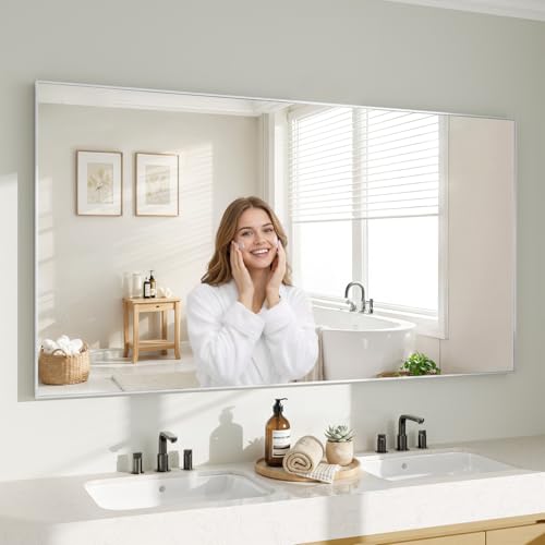 Image of Koonmi Silver Rectangle Wall Mirror, 30x60 Inch Bathroom Mirror, Aluminum Frame Vanity Mirror for Entryway, Living Room, Bedroom Bathroom, Hangs Horizontally or Vertically