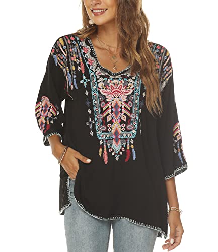 Higustar Mexican Embroidered Tops For Women Bohemian 3/4 Sleeve Shirt Boho Floral Peasant Style Tunic Plus Size Hippie Clothes Black #TOP2