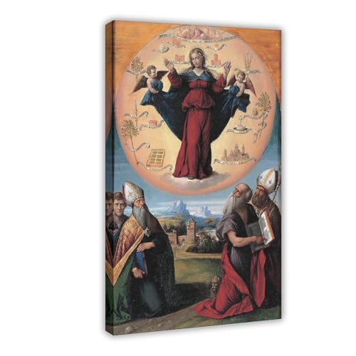Benvenuto Tisi Madonna in Glory grand tableau sur toile 61x91 cm avec cadre mural