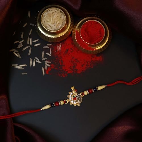 Image of Oblivion Stone Set Peacock and Kalash Rakhi Set of 2 for Brother with Silver Colour Pooja Coin, Tilak Set and Greeting Card for Raksha Bandhan