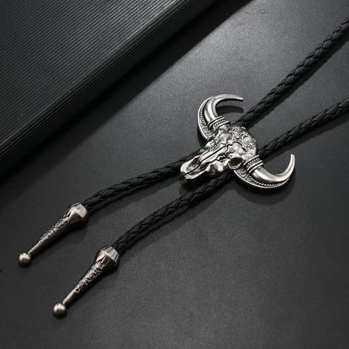 Image of Joxevyia Bolo Tie for Men Vintage Cow Skull Leather Rope Western Cowboy Necktie Vintage Bola Tie Gift for Him