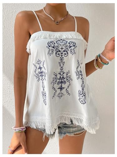 WDIRARA Women's Boho Embroidery Sleeveless Fringe Trim Cami Top Summer Beach Camisole4