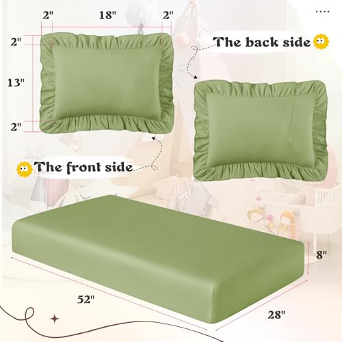 Image of KKJIAF 3 Piece Toddler Sheet Set Microfiber, Includes a Flat Sheet, a Fitted Sheet and a Ruffle Pillowcase, Sage Green