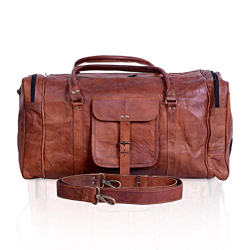 Komal's Passion Leather Leather Duffel Bag Large 24 Inch Square Duffel Travel Gym Sports Overnight Weekender Leather Bag for Men and Women