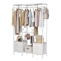 Mintnook Clothes Rack for Hanging Clothes, Heavy Duty Clothes Rail with Drawers, Open Wardrobes for Bedroom, Free Standing Clothes Rail with Shelves & Hooks, White