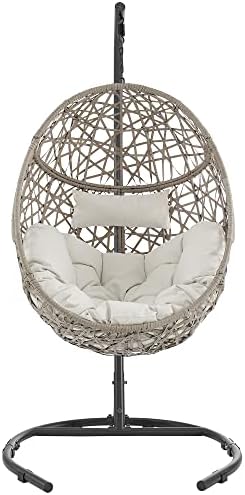 Ulax Furniture Egg Chair, Hanging Swing Chair with Stand, Outdoor Patio Wicker Tear Drop Hammock Chair with Cushion (Beige)