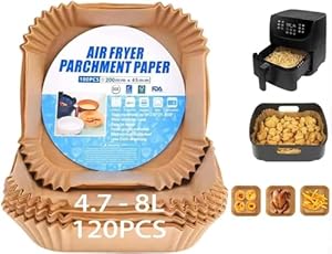 Backpapier für Heißluftfritteuse, 120 StückAirfryer Backpapier 20-24cm, Antihaft Wasserdicht Ölfest Einwegschalen Pergamentpapier Liner für 4.7-8L Bratpfanne Ofen Mikrowelle… (120pcs4.5-8l)