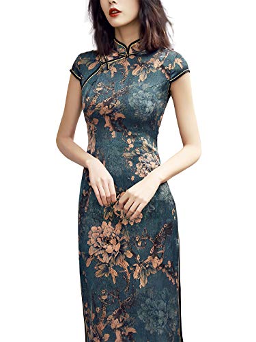 Women's Greenish Blue Traditional Flowers Chinese Dress Lightweight Flowy Unlined3