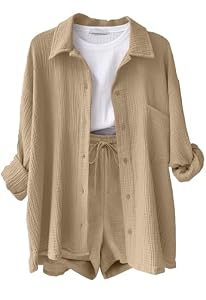 CheChury Zweiteiler Damen Sommer Musselin Bluse Hemd Hosen Langarm Freizeitanzug Y2K Hosenanzug Aesthetic Mode Lässige 2 Teiler Luftig Sportanzug Taschen Strand Outfit Leicht Atmungsaktiv Loungewear