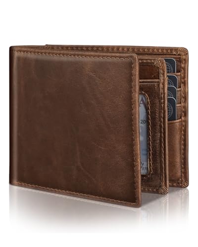 Mens Genuine Leather Bifold RFID Blocking Wallet with 14 Card Slots, ID Window & 2 Cash Pocket - Includes Gift Box