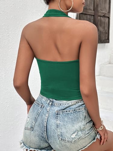 Image of Ekouaer Women Halter Top Backless Scroop Neck Slim Stretchy Ribbed Knit Camisole Crop Tops S-XXL