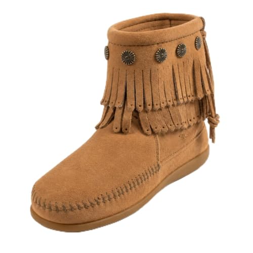 Minnetonka Women's Double Fringe Side Zip Boot,Taupe,8 M US