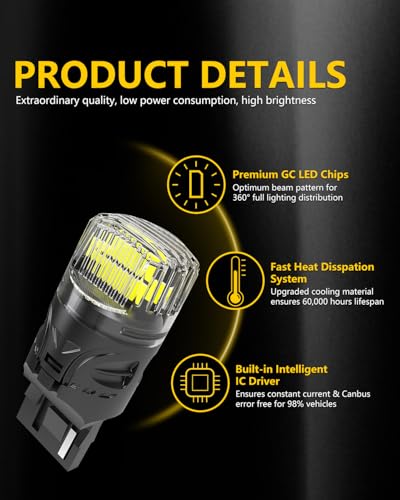 ANTEMOON 582 W21W 7440 T20 LED Bulbs Super Bright 2800LM 12V 6000K White 7441 992 Replacement Bulb Canbus Error Free for Backup Reverse Light, Daytime Running Light, Brake Light, Pack of 2