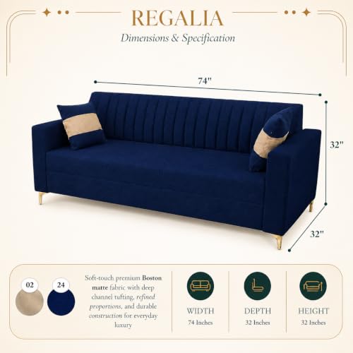 Image of FURNY Signature Regalia 3 Seater Sofa Set | Boston Fabric | 40D Foam + Zigzag Spring | 3-Yr Warranty (Midnight Blue & Warm Beige) | Modern Living Luxury Sofa Set for Home, Office & Hotel Spaces