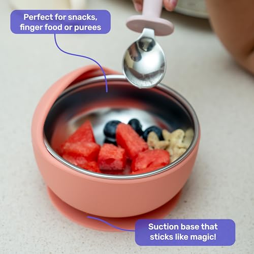 Image of Feeding Set of 3 for Kids | Suction Plate, Suction Bowl, Cutlery Spoon Fork | Stainless Steel | Easy Grip |Self Feeding Set for 6m+ | Dishwasher Safe (Rosebud)