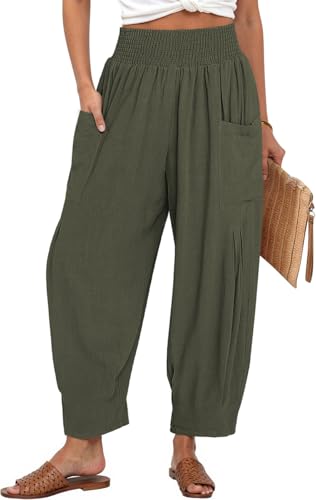 Image of TARSE Women's Linen Wide Leg Pants Baggy High Waist Palazzo Pants | Barrel Leg Fit, Harem Patch Pockets, Loose Casual Style, Breathable Fabric, Vacation Ready