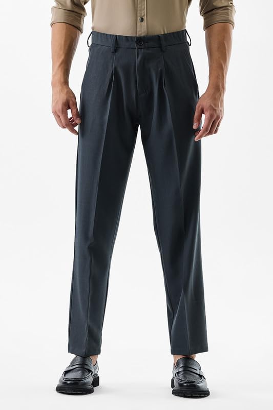 Image of SNITCH Men Formal Trousers | Regular Fit Pleated Front with Turned-Up Hem | Polyester Blend & Medium Stretch Fabric for Office & Winter Wear
