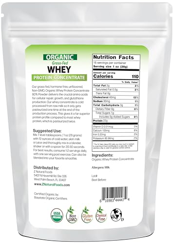 Z Natural Foods Organic Whey Protein Concentrate - Nutrient-Dense Grass Fed Whey Protein Powder - Cold Processed Pure Whey Protein with Essential Amino Acids for Nutrition & Fitness, Unflavored, 1 lb