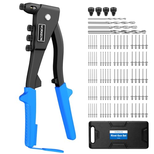 VORXEON Pop Rivet Gun Kit Heavy Duty Riveter Tool Set Light Weight with 4 Interchangeable Heads 100Pcs Rivets 2.4mm 3.2mm 4.0mm 4.8mm for Furniture Car Trailer Boat Rivet Gun Set with Box