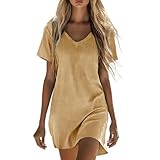 EMATOP Sommerkleid Damen Kurz Leinen Kleider Casual V-Ausschnitt...