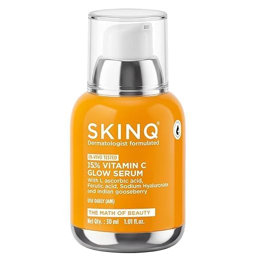 SkinQ 15 % Pure Vitamin C Highly Stable Face Serum with Ferulic Acid for Glowing Skin & Brightening | Dermatologist Formulated Effective Vit c Serum, 20 ml deal from amazon