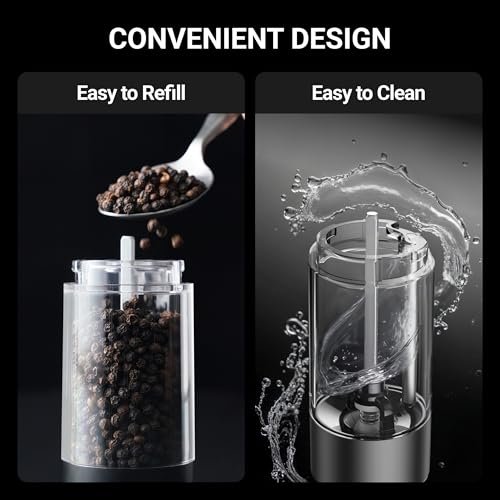 Image of ThermoMaven Electric Salt and Pepper Grinder Set, 110ml Larger Rechargeable Automatic Salt and Pepper Mill Grinder with 6 Adjustable Coarseness, Salt and Pepper Shakers, LED, 2 Packs, Black & White