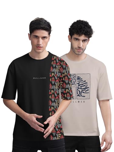 Image of BULLMER Trendy Front and Back Printed Oversized Round Neck T-Shirt for Men - Pack of 2