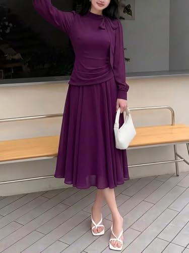 Image of SMOWKLY Women Elegant Midi Dress | Long Sleeve Fit & Flare Dress Western Dress for Women | Office, Evening, Casual & Occasion Wear